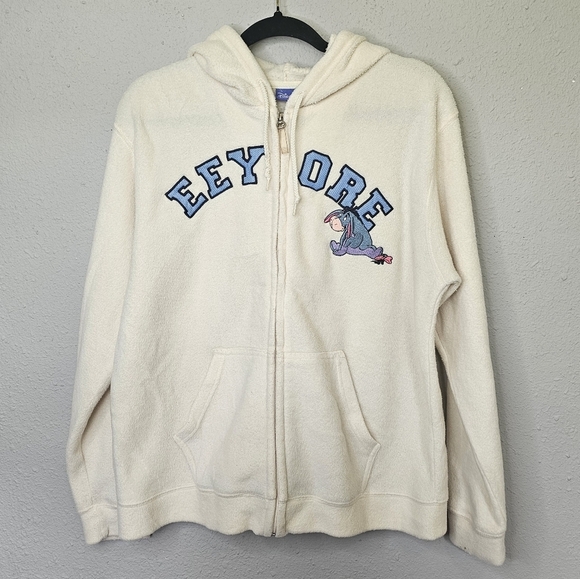 Disney Eeyore Spellout Womens‎ Large Hoodie Jacket Zip Up Off White Blue - Picture 1 of 11